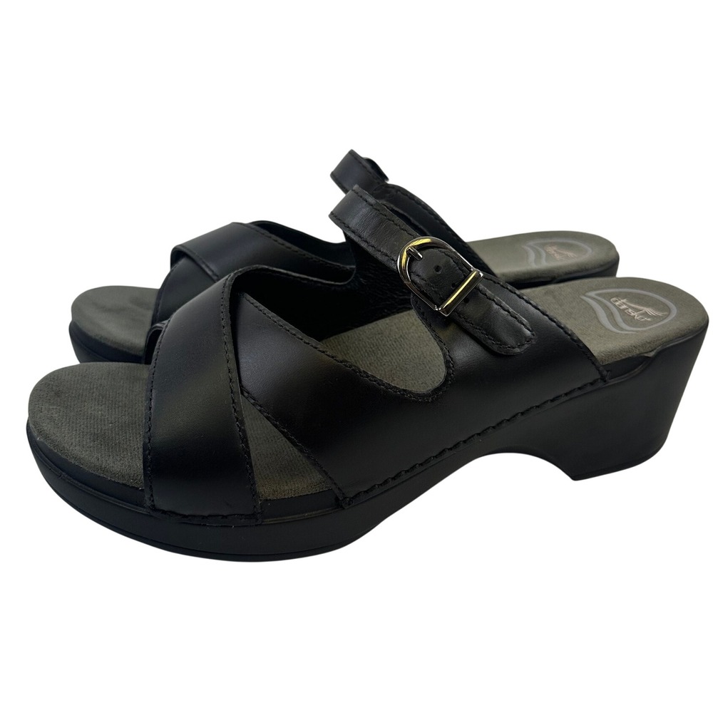 Dansko Sela Sandal Black Leather Slide Comfort Strappy Wedge Women Size 42 11.5